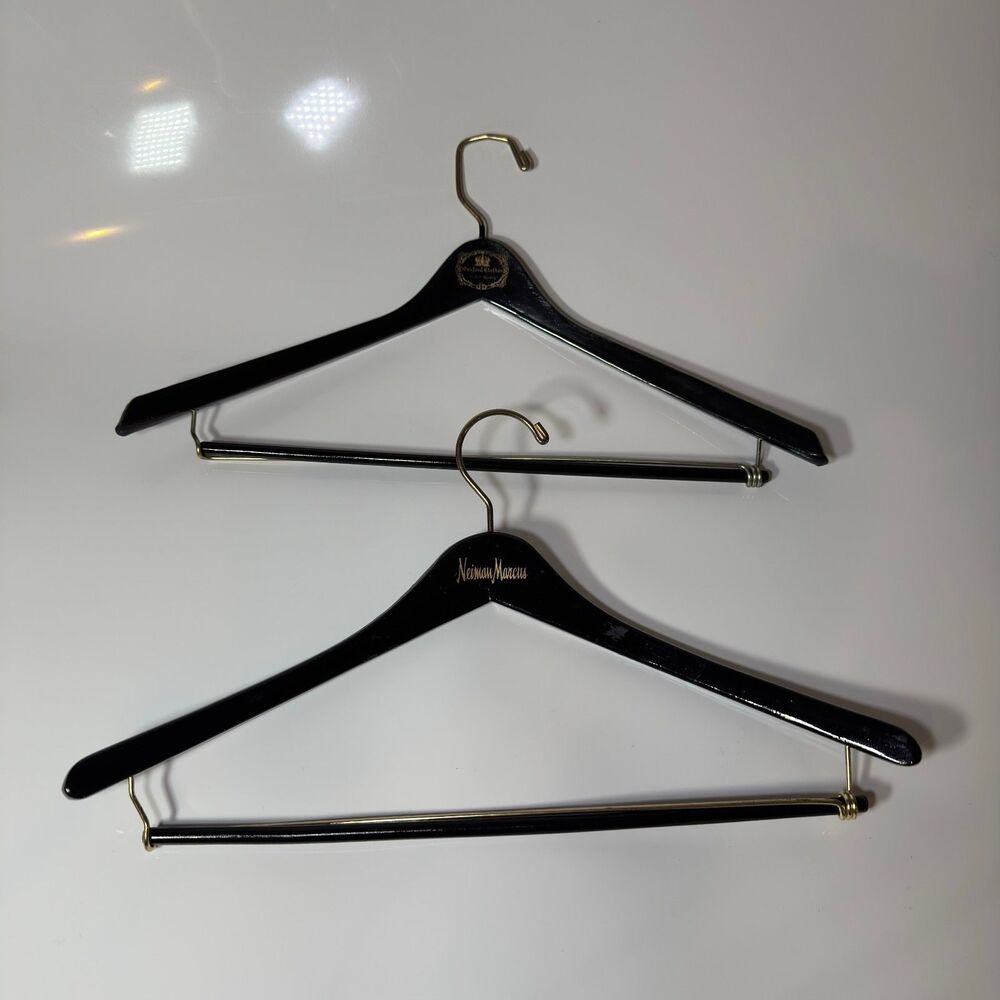 Neiman Marcus Oxxford Clothes Vintage Wooden Suit Hangers Lot of 2 Black Gold